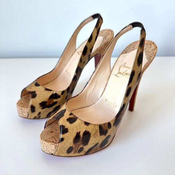 Christian Louboutin Leopard Cork Slingback Heels Size 36.5 - Picture 2 of 12